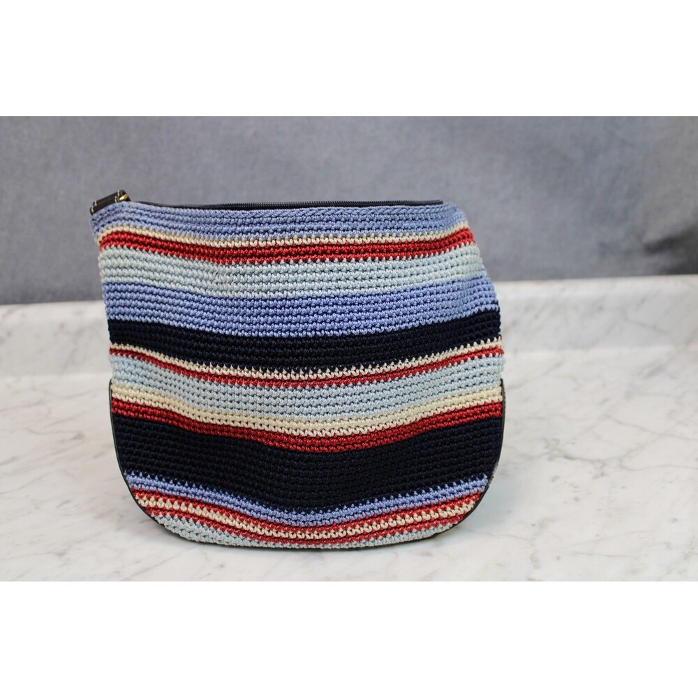 The Sak Striped Crocheted Shoulder Bag Tote Blue Red Ivory Brown Zipper Closure